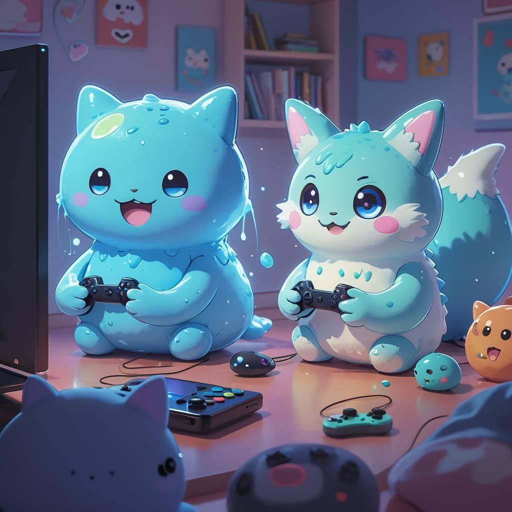 Cute Anime Slimes Play Video Games in a Cozy Room