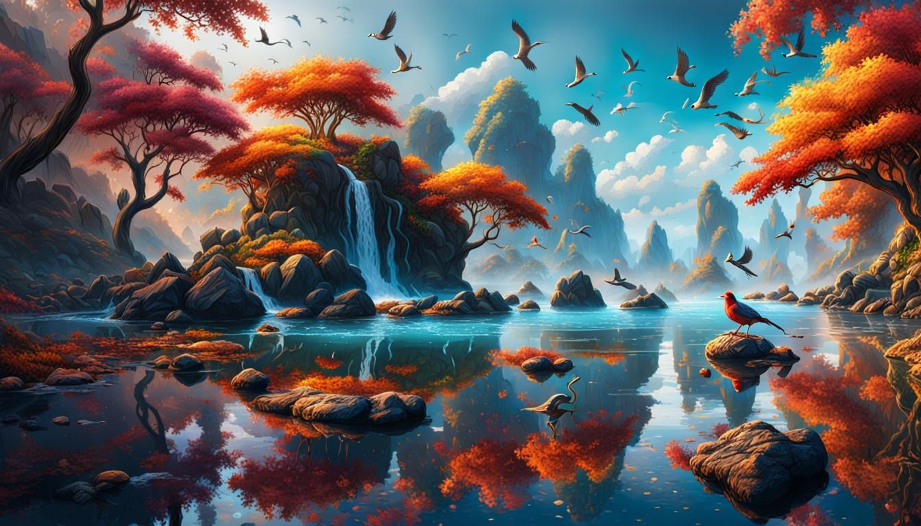 Meditative Natural Place in Hyperrealistic Splash Art