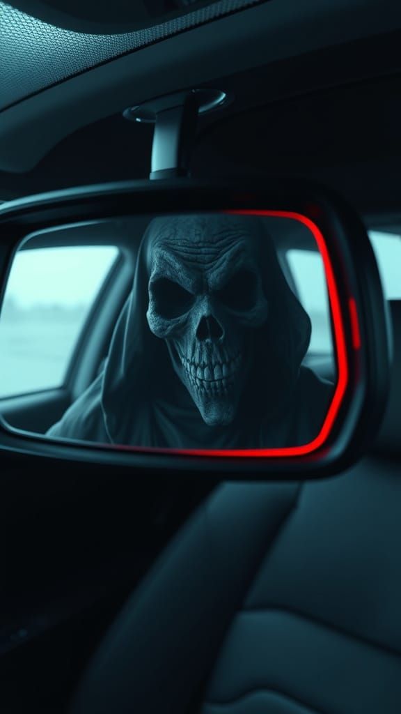 Sinister Ghost Reflected in a Modern Rearview Mirror