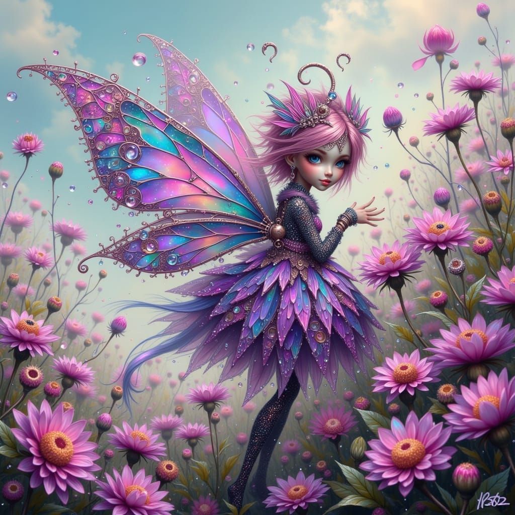 Whimsical Crystal Fae with Iridescent Wings in Purple Gingha...
