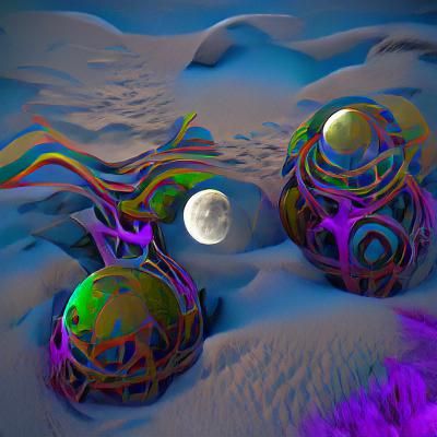 Steampunk Landscape with Twin Moons in Neon Style