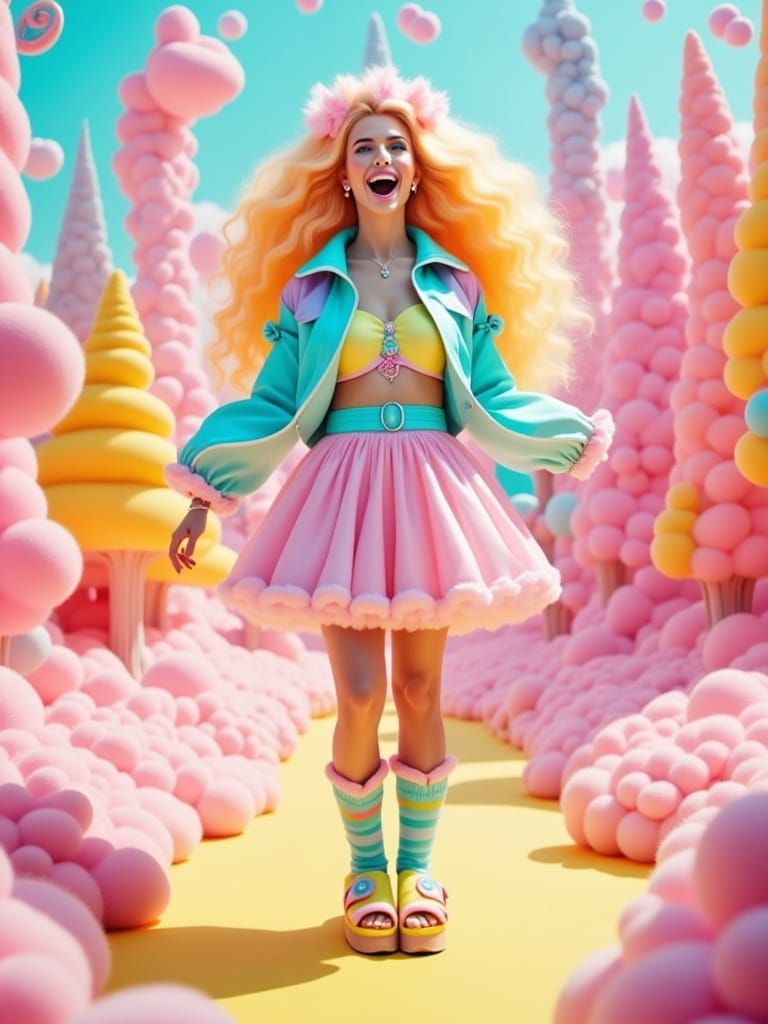 Woman Radiating Joy in Vibrant Candy World