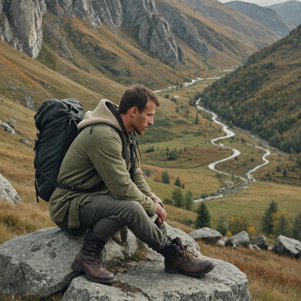 Thoughtful Slavic Man in Mountain Landscape
