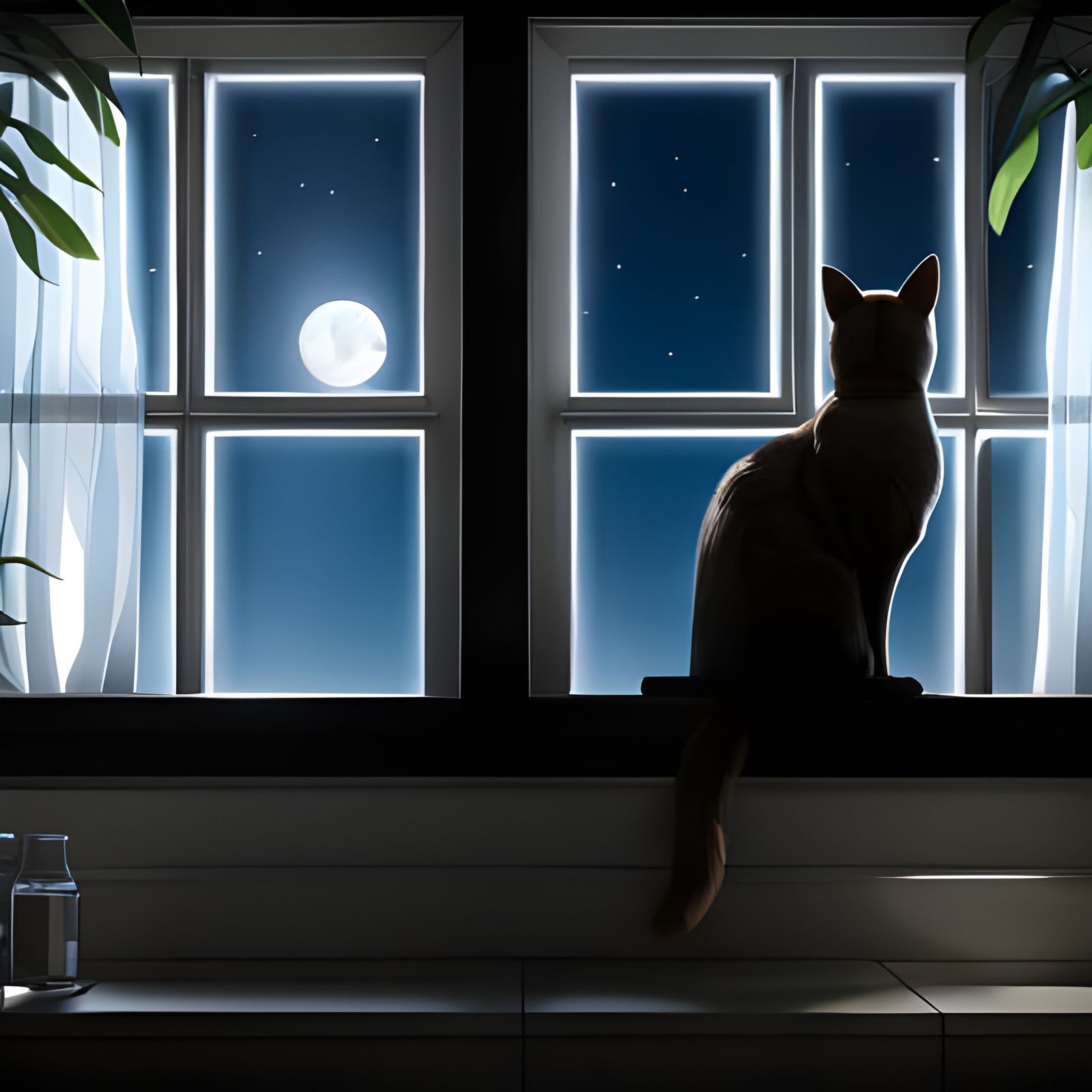 Majestic Cat Silhouette in Moonlit Window