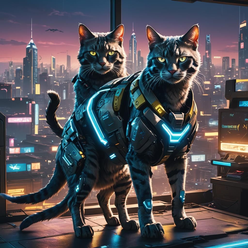Cyberpunk Cats in Futuristic Living Room