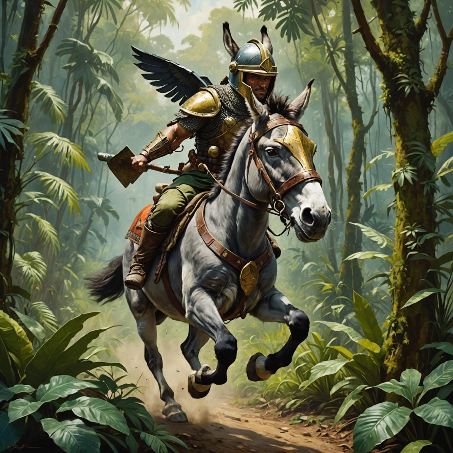 Donkey in Spartan Helmet Flies Through Jungle