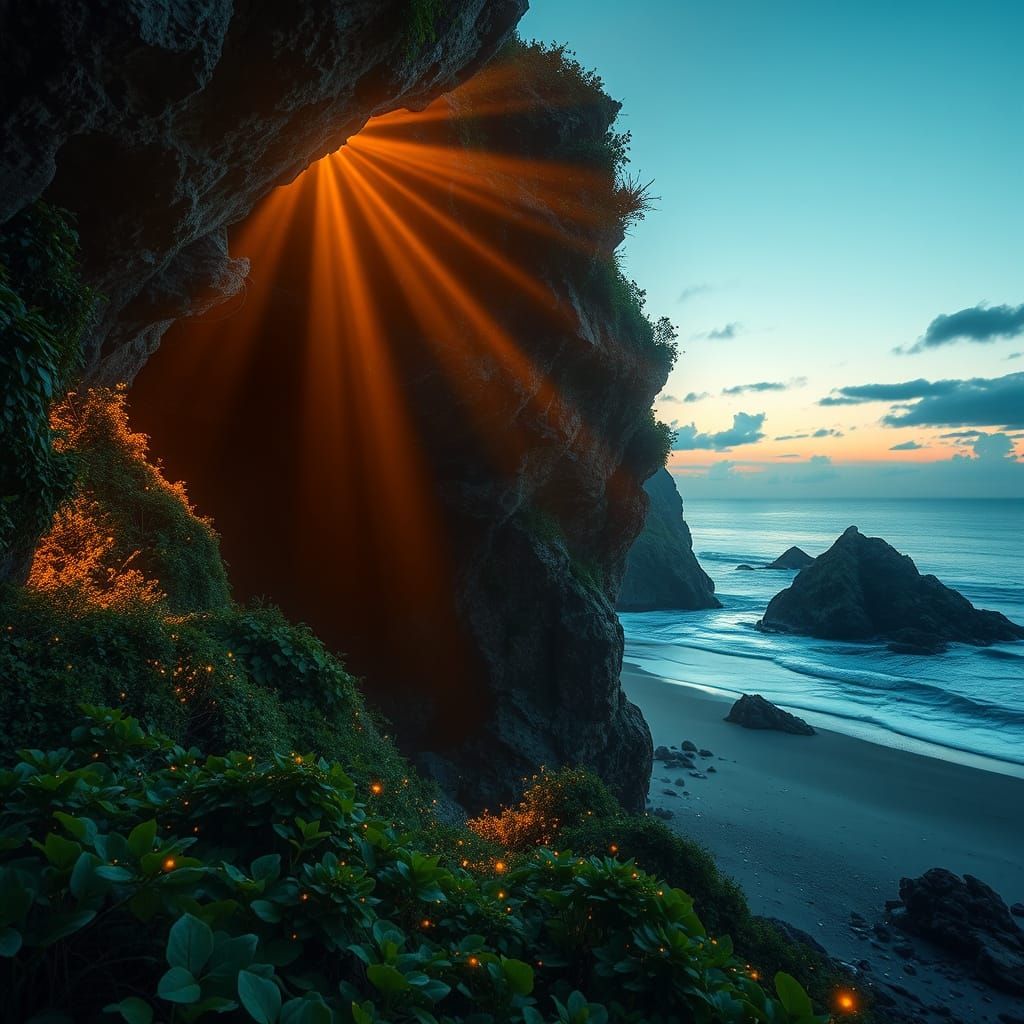 Lush Cave Archway at Dusk Near Open Sea