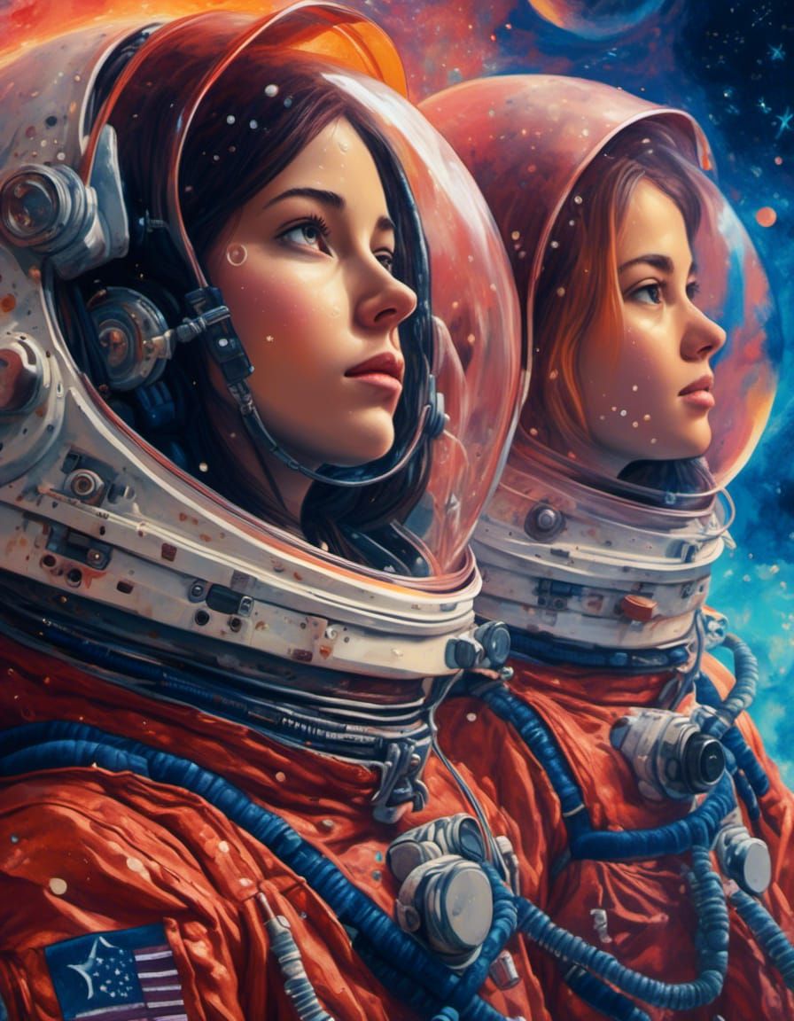 Hyperrealistic Cosmonaut Poster with Red Sky and Blue Moons