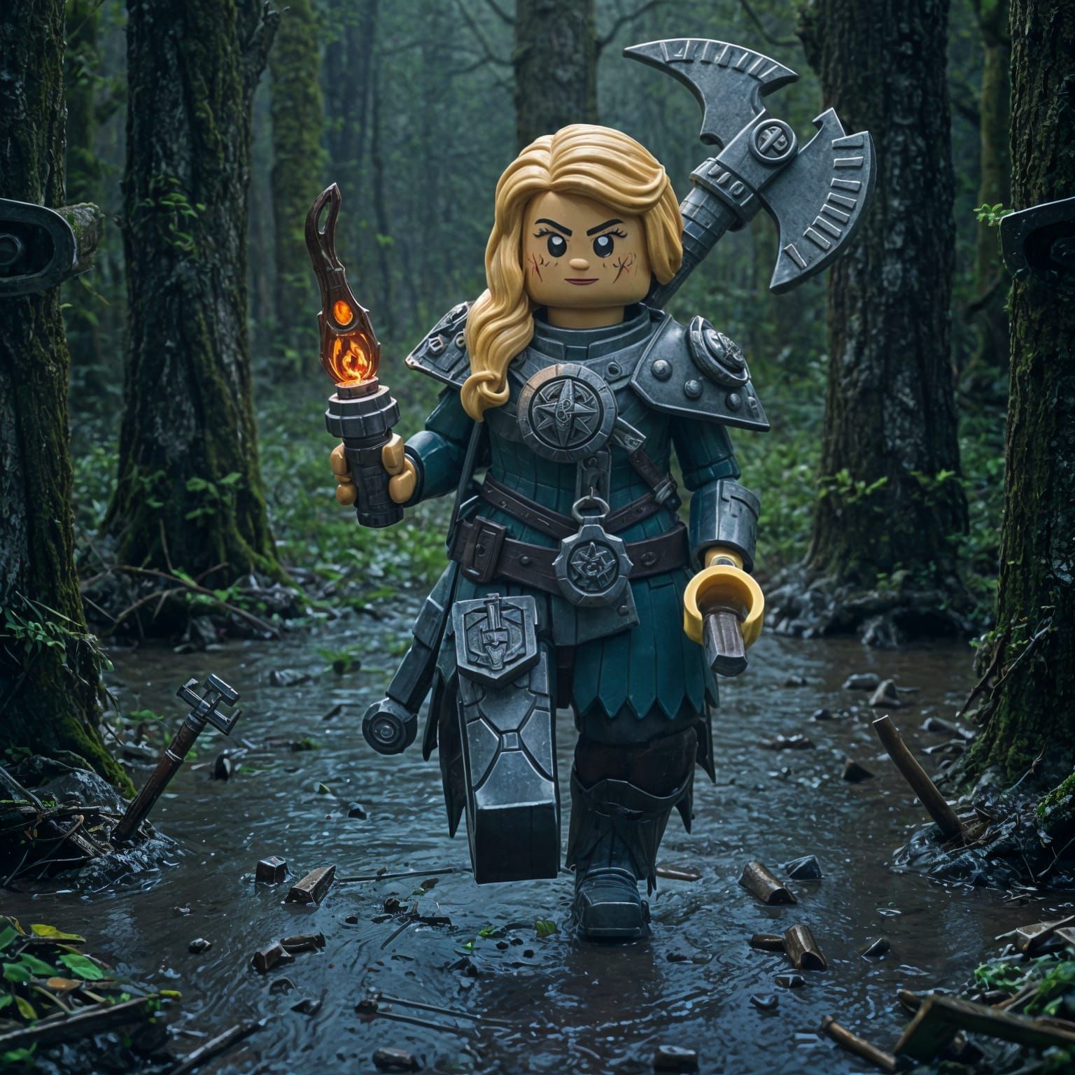 Minifigure of a warrior maiden in a swamp forest
