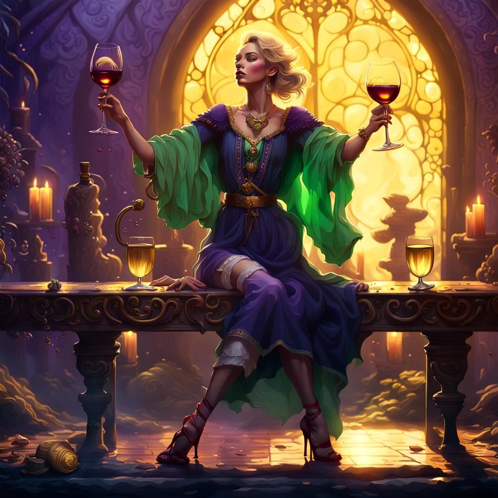 Surreal Fantasy Woman Savoring Wine in Golden Ambiance
