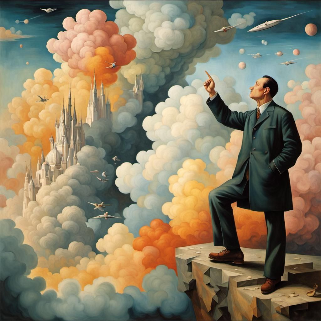 Retro Sci-Fi Mural: Man Gazing at Clouds