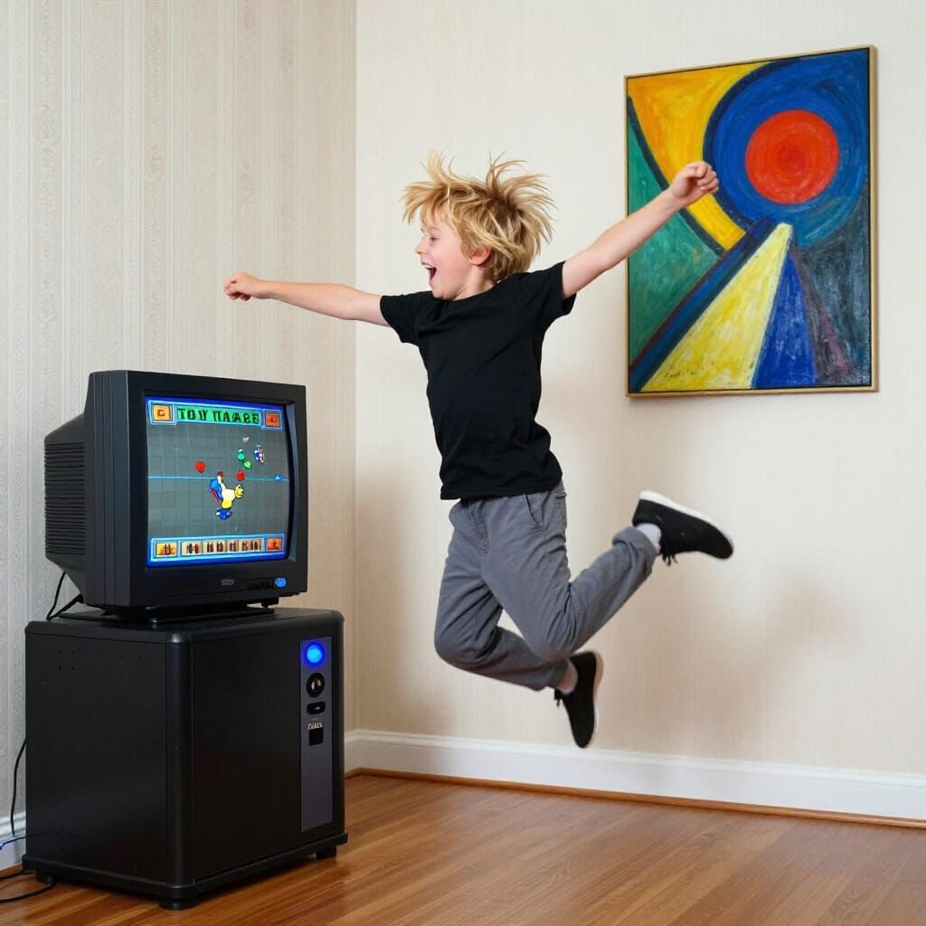 Joyful Boy Jumps Playing 16-Bit Game on Sega TV