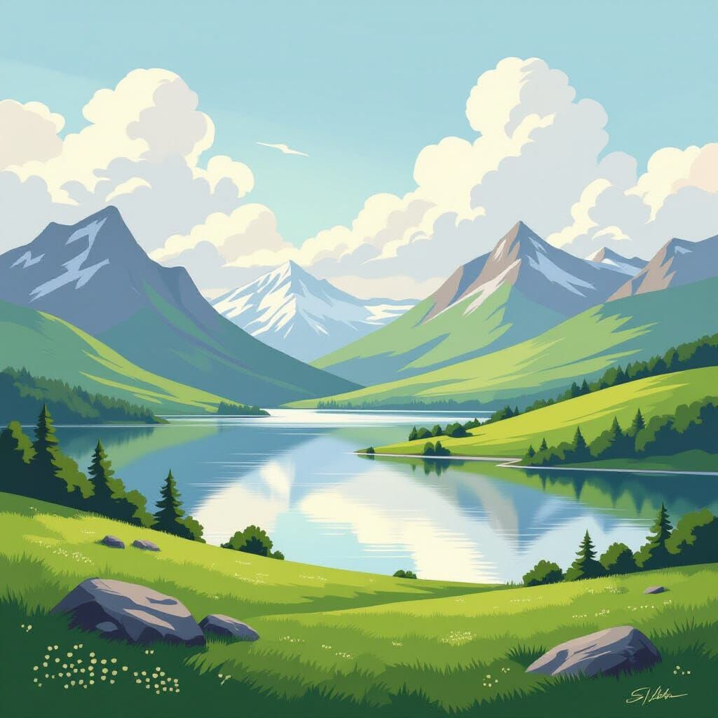 Romantic Landscape with Rolling Hills and Lake