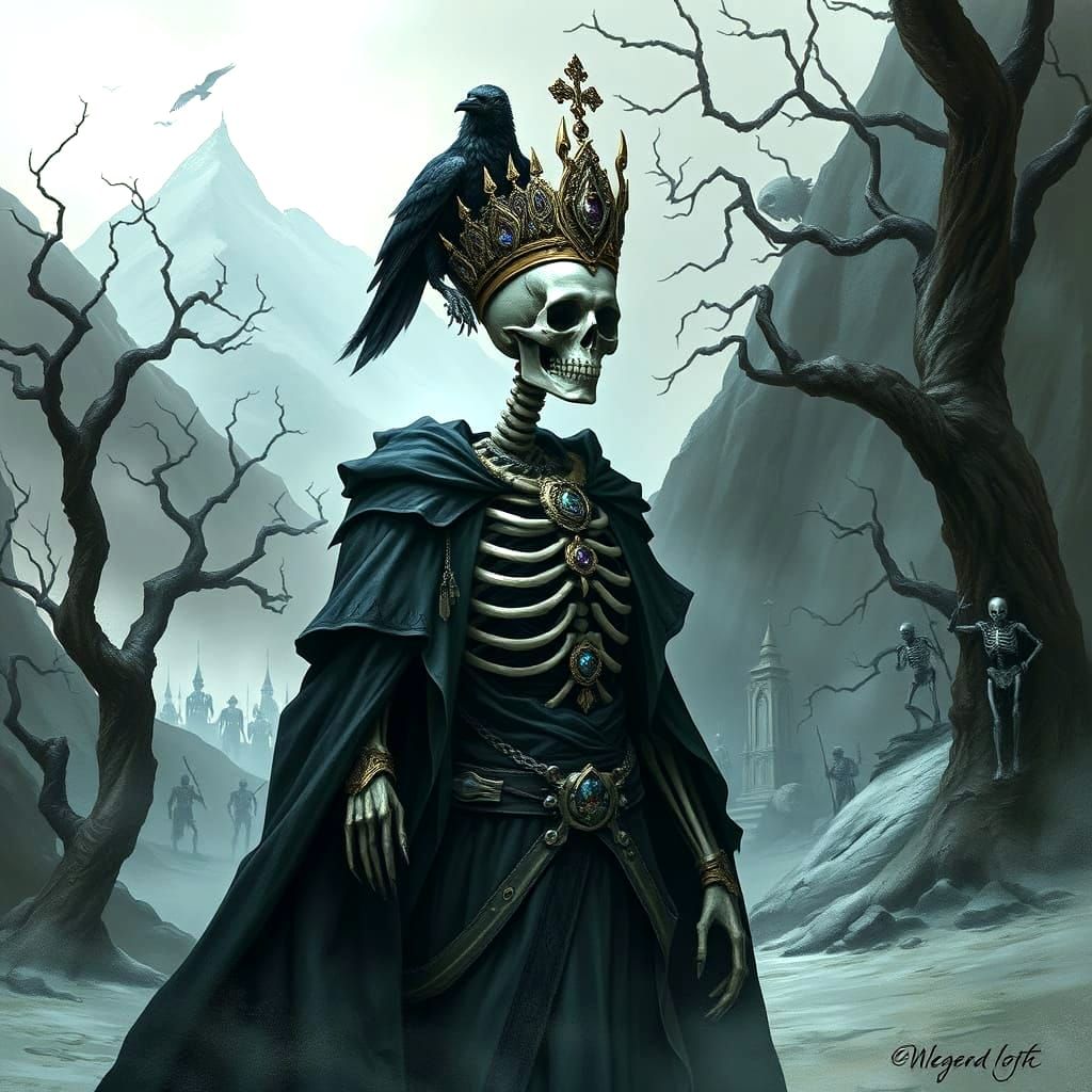 Skeletal Goddess with Crow in Ominous Forest