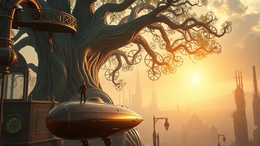Steampunk Metropolis and Ancient Tree in Retropunk Style