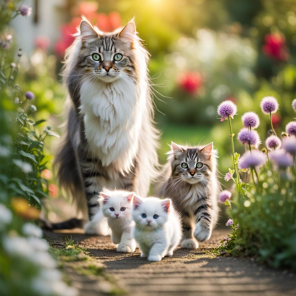 Angora Cat and Kittens in Garden: Professional Photography