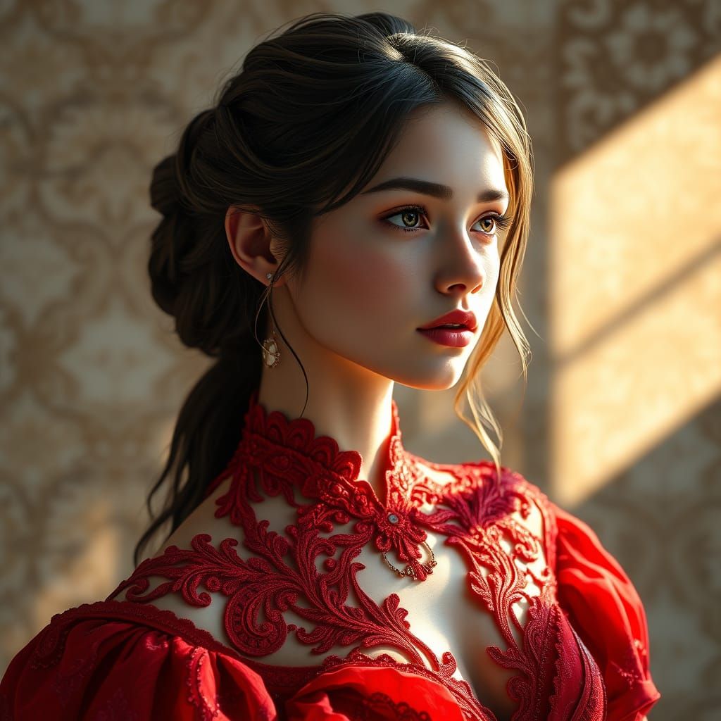 An elegant portrait of a beautiful young woman wearing a red...