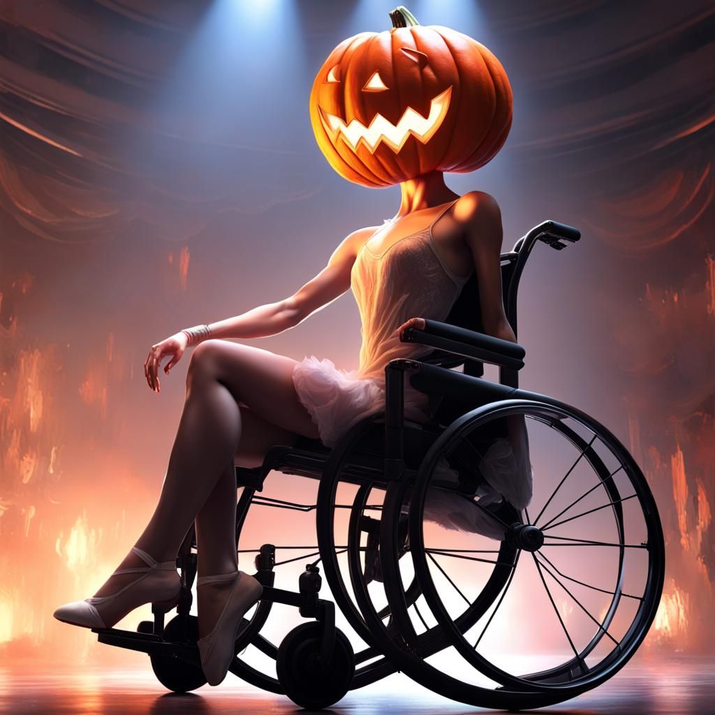 Ballerina in a wheelchairwith a pumpkin mask dancing on stag...