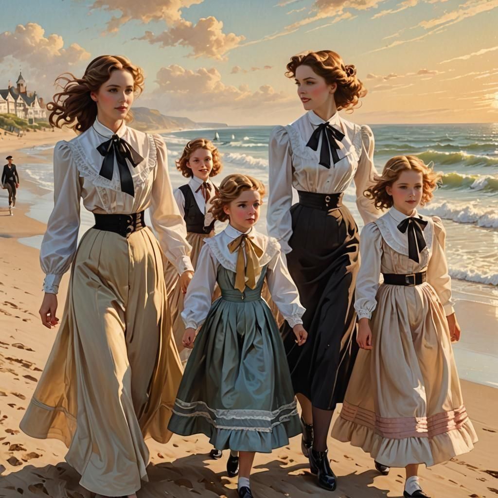 Victorian-Era Beach Scene with Elegant Ladies