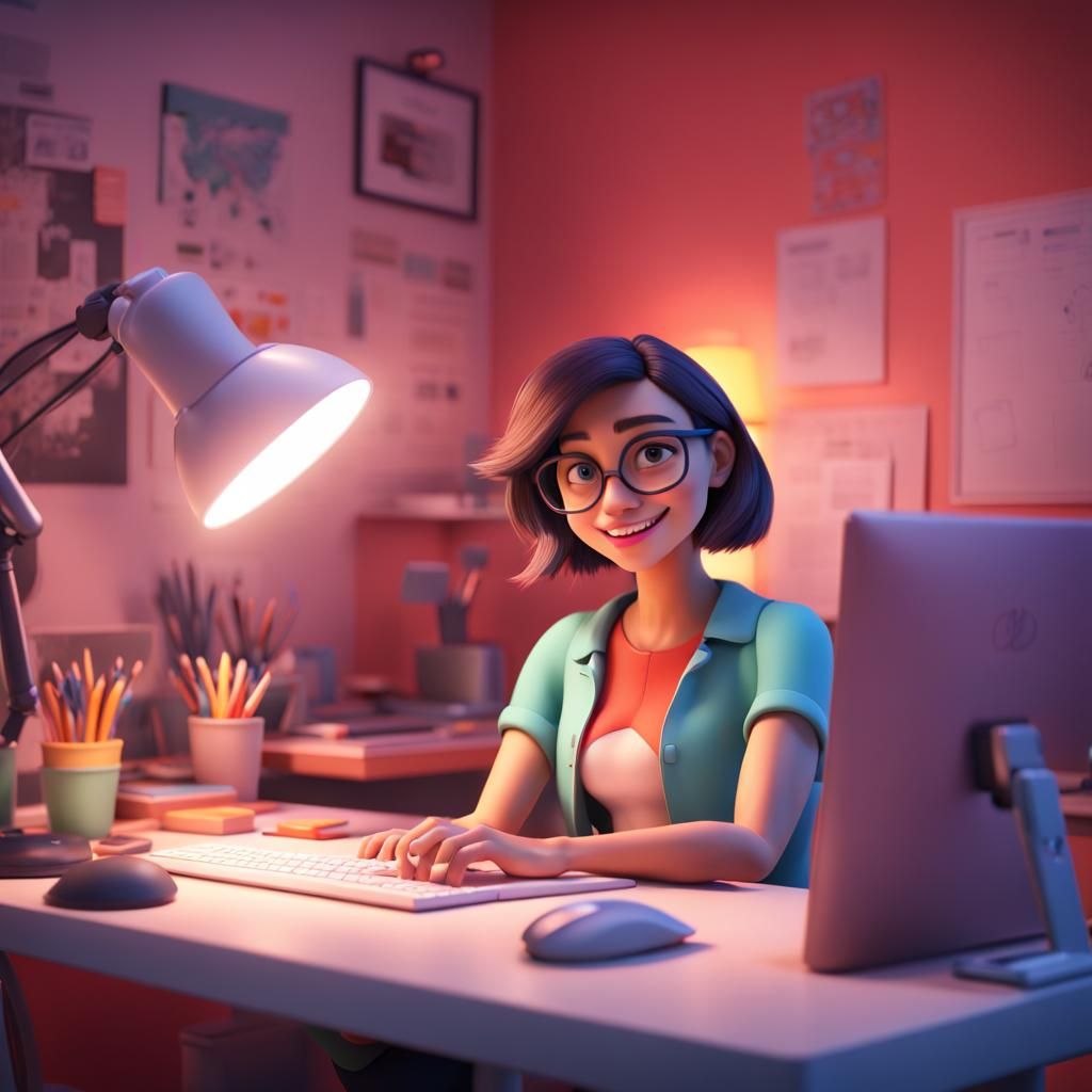 Happy Woman at Desk: Pixar-Style 3D Digital Art