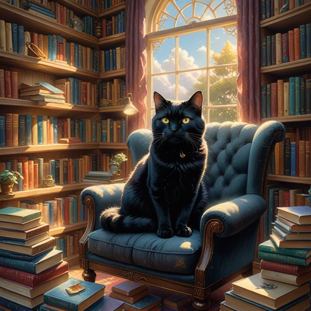 Cozy Black Cat in Dreamy Bookshelf Scene