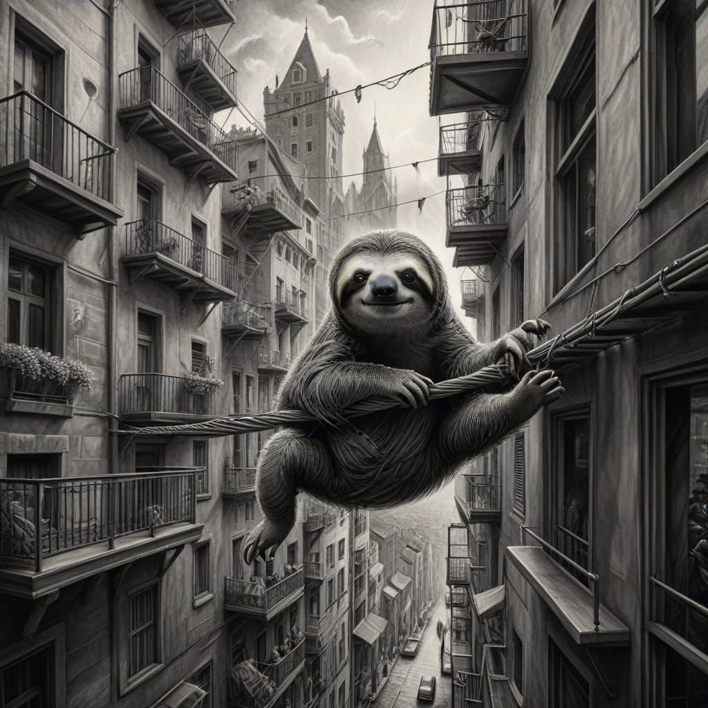 Surreal Sloth on Clotheslines Between City Balconies in Char...