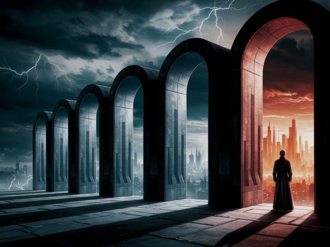 Cinematic Sci-Fi Landscape with Arched Portals and Stormy Sk...