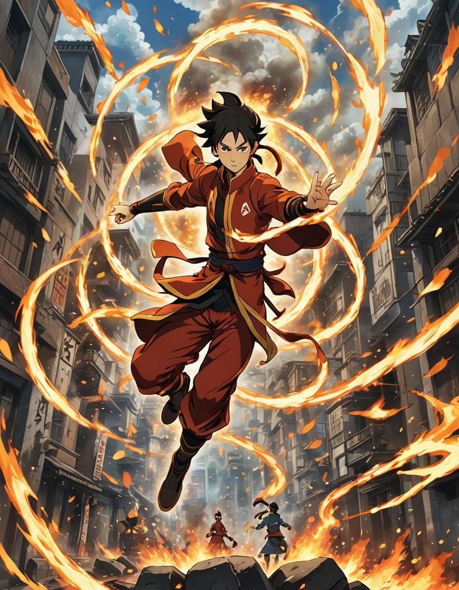 Dynamic Firebending Scene in Anime Style