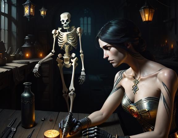 Furry Skeleton Repairs Femur: Dark Fantasy Concept Art