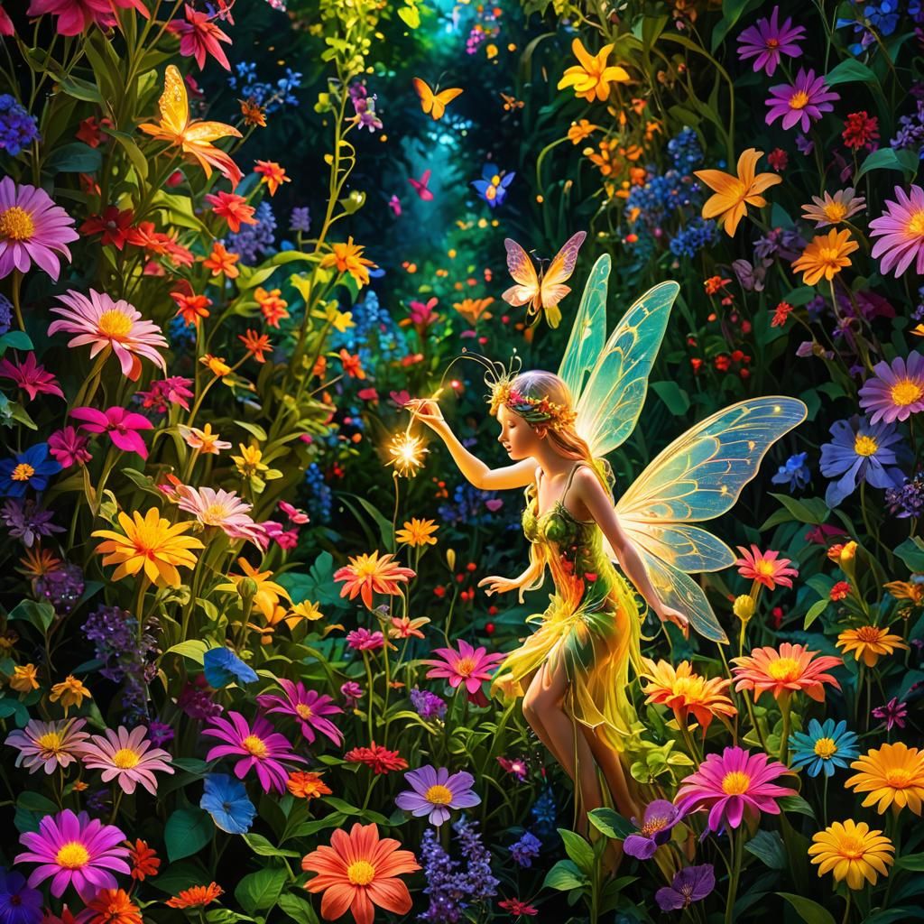 Radiant Fairy in Lush Garden with Triadic Colors