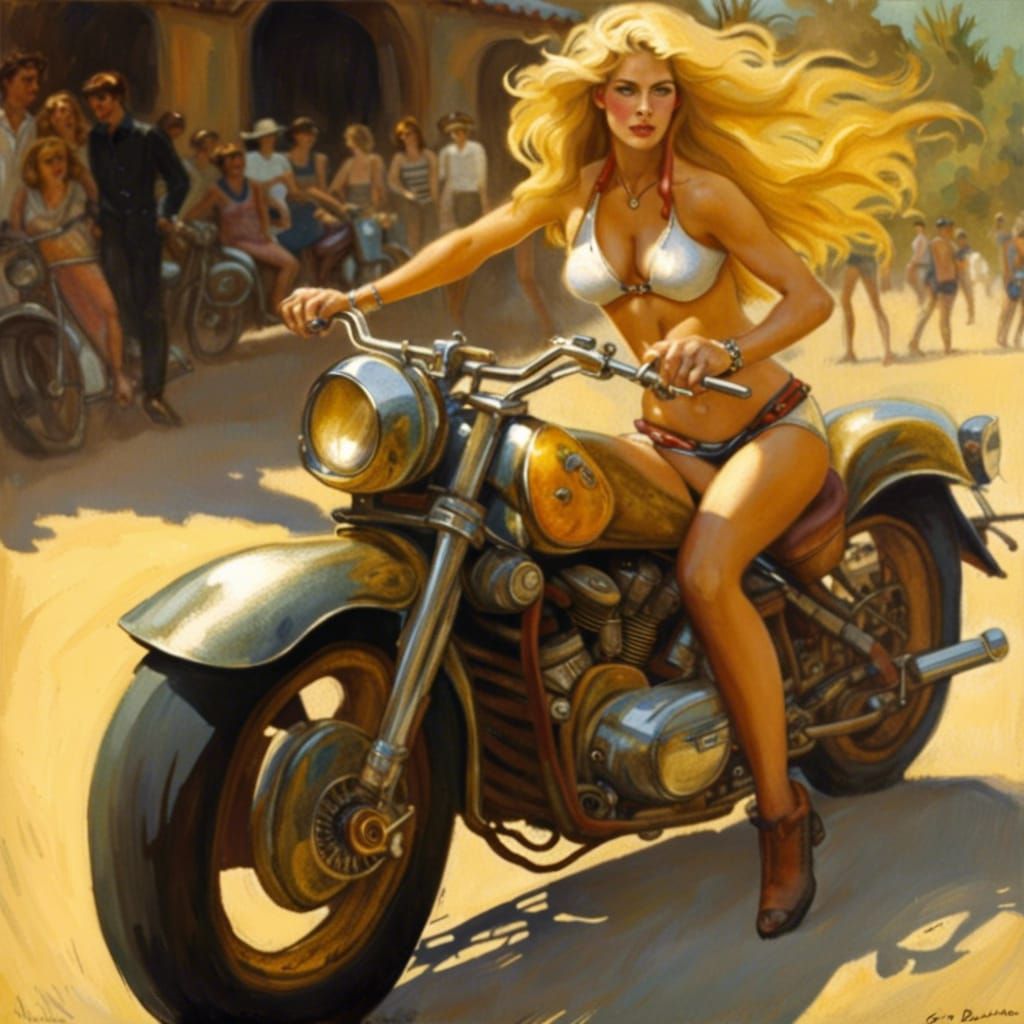 Blonde Model on Motorbike in Vintage Poster Style