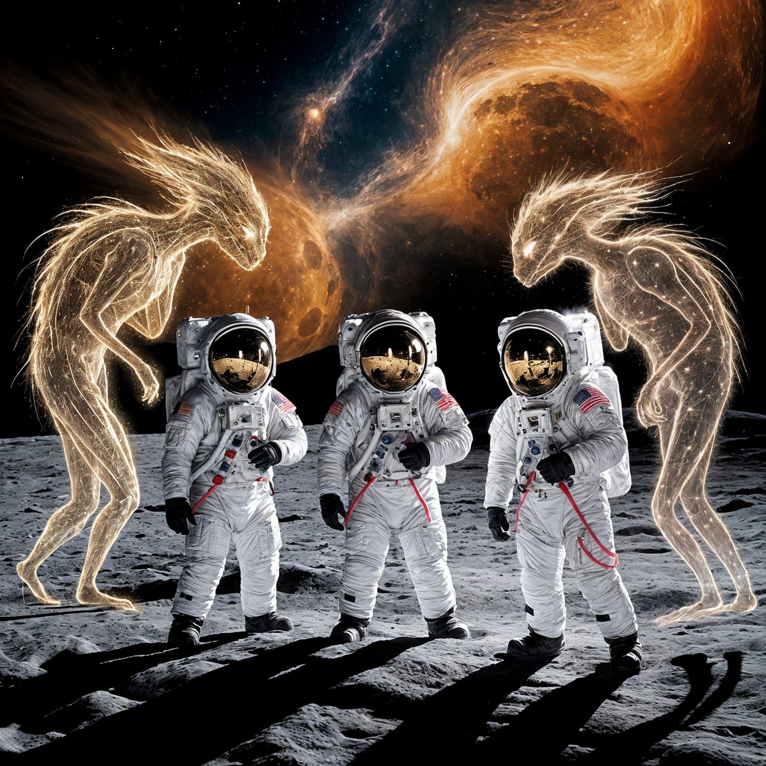 Moon Landing Reimagined: Astronauts and Starlight Creatures