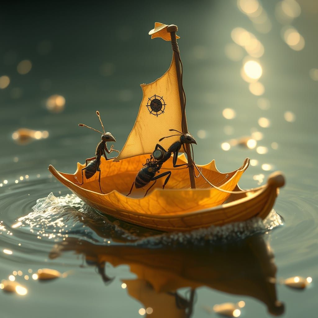 Steampunk Ants Sailing on Golden Maple Leaf