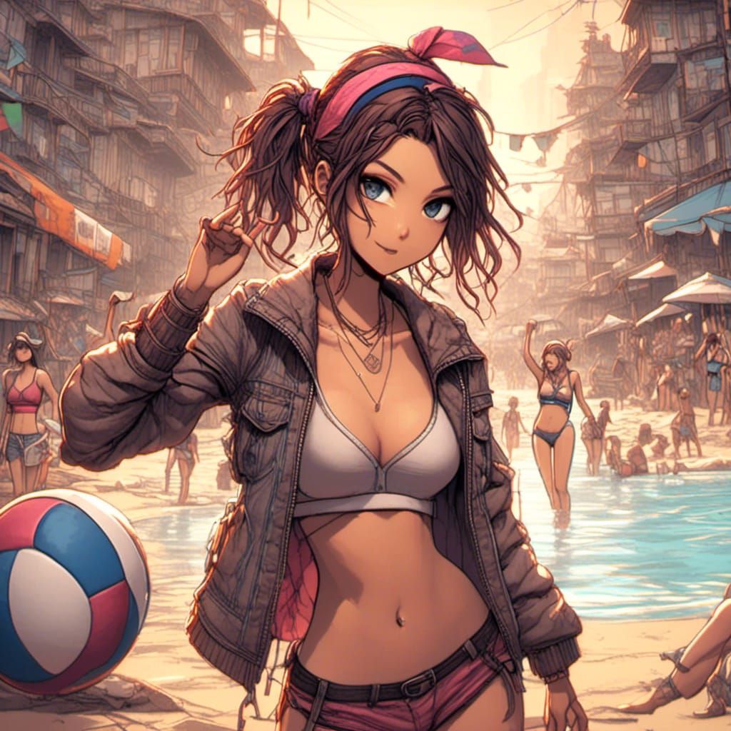 Beach Girl with Volleyball in 3D Style