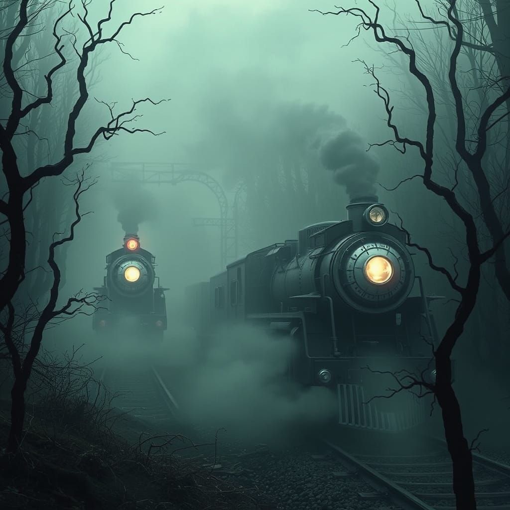 Mysterious Trains in a Dark, Misty Forest