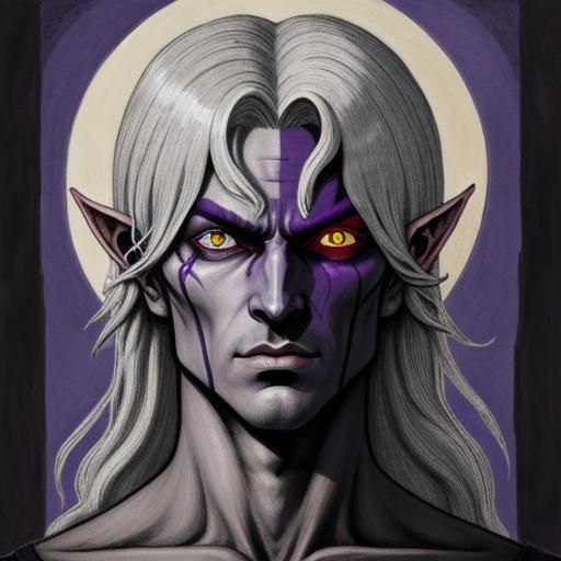 Dark Elf with Violet Eyes in William Blake Style