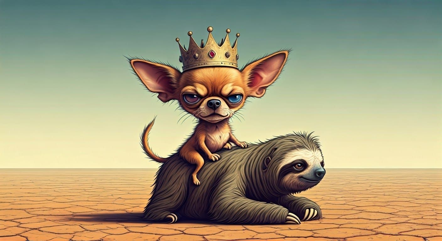 Chihuahua King Rides Sloth Steed Across Fantastical Desert