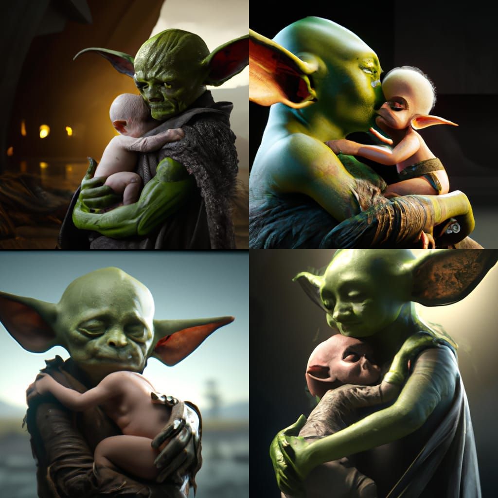 Baby Yoda Hugging Infant: Detailed Fantasy Art