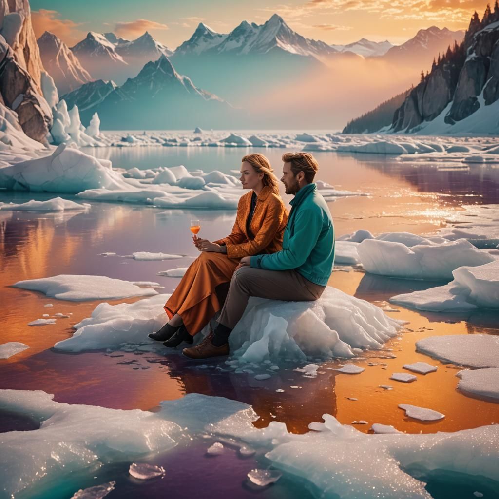 Couple's Lakeside Picnic on Frozen Lake: Digital Matte Paint...