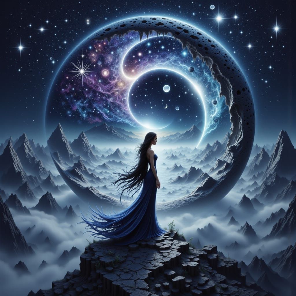 Mysterious Woman Silhouetted Against Cosmic Landscape