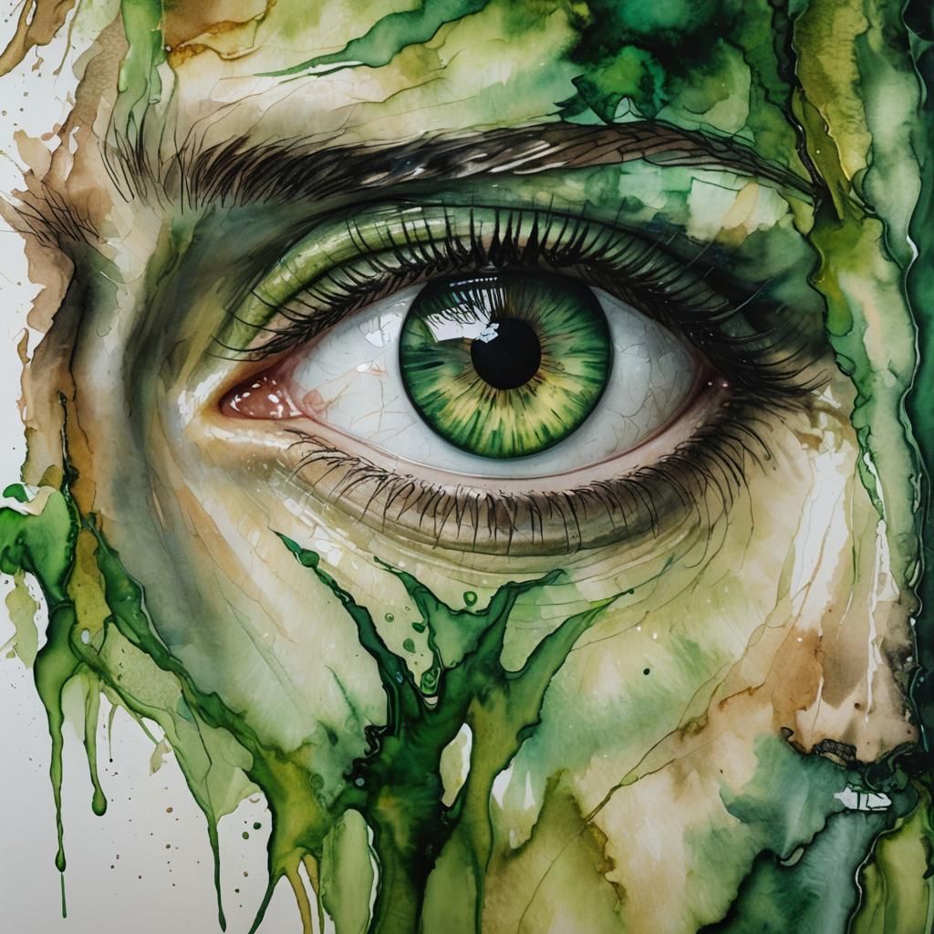 Intense Green Eyes in Alcohol Ink Painting