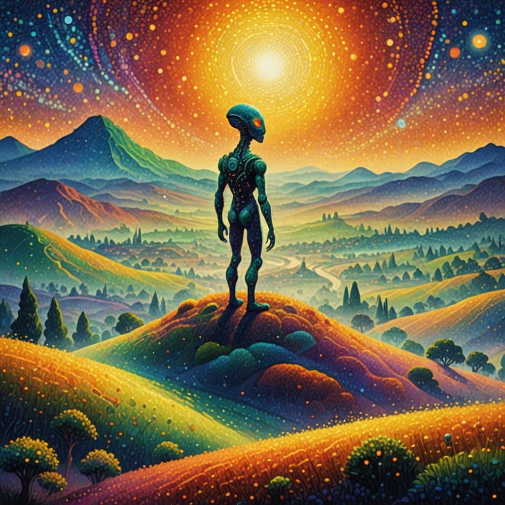 Pointillist Alien Landscape in Impressionist Style