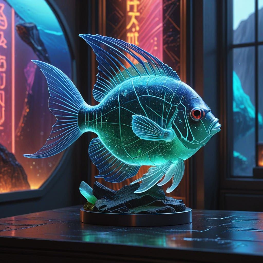 Art Deco Sea Glass Angel Fish Statue in Neon Gallery