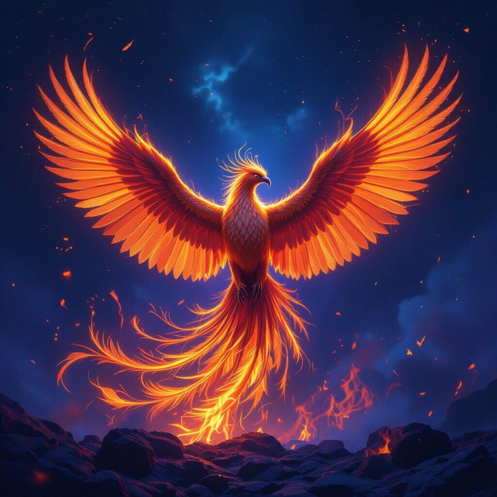 Golden Phoenix Rising from Cosmic Flames