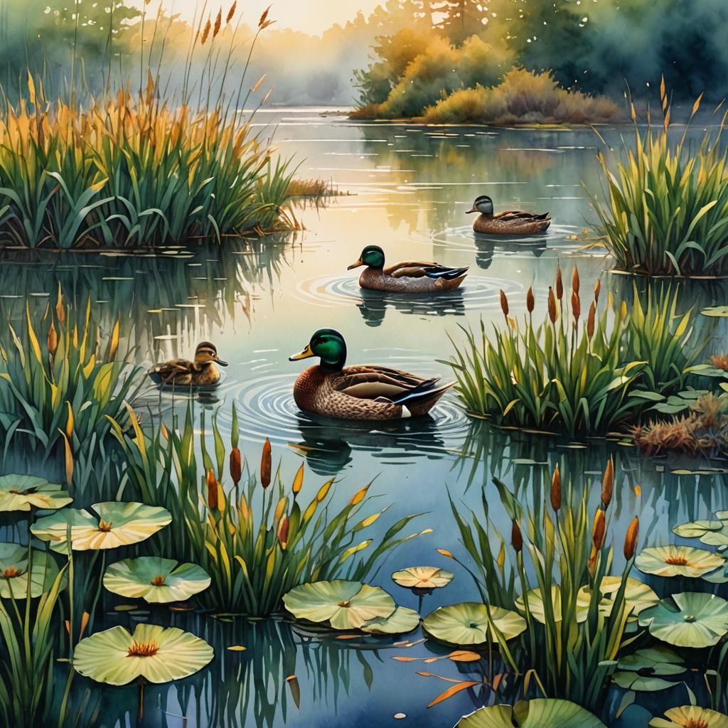 Watercolor Ducks in Pond at Sunrise