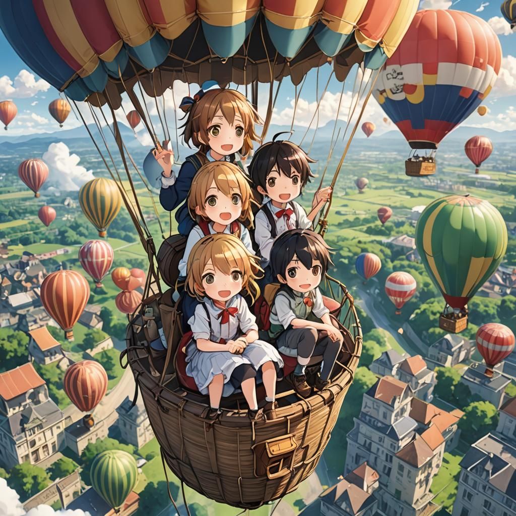 Stressed Children in Hot Air Balloon: Anime Style