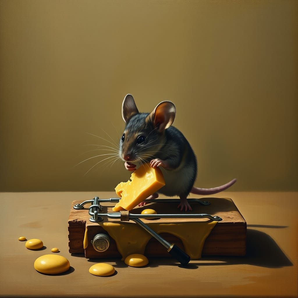 Mouse Eats Cheese on Trap in Surrealist Style