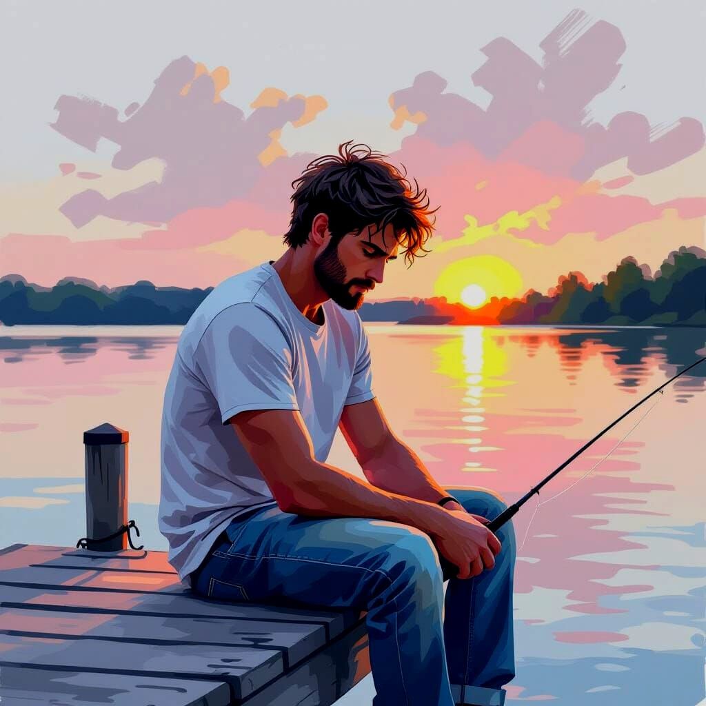 Man Fishing at Sunset: Impasto Painting