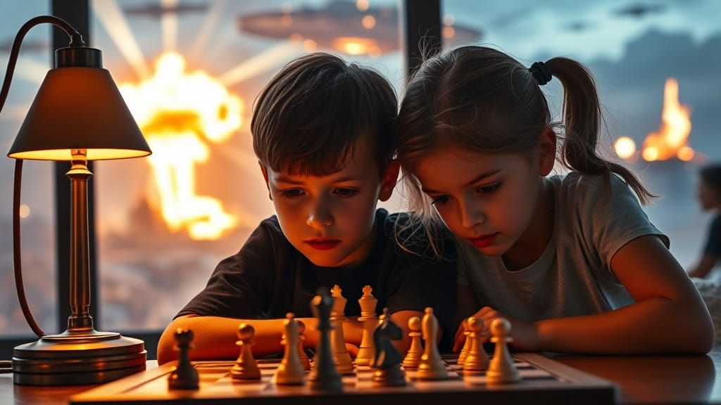 Serene Chess Players Amidst Apocalyptic Landscape