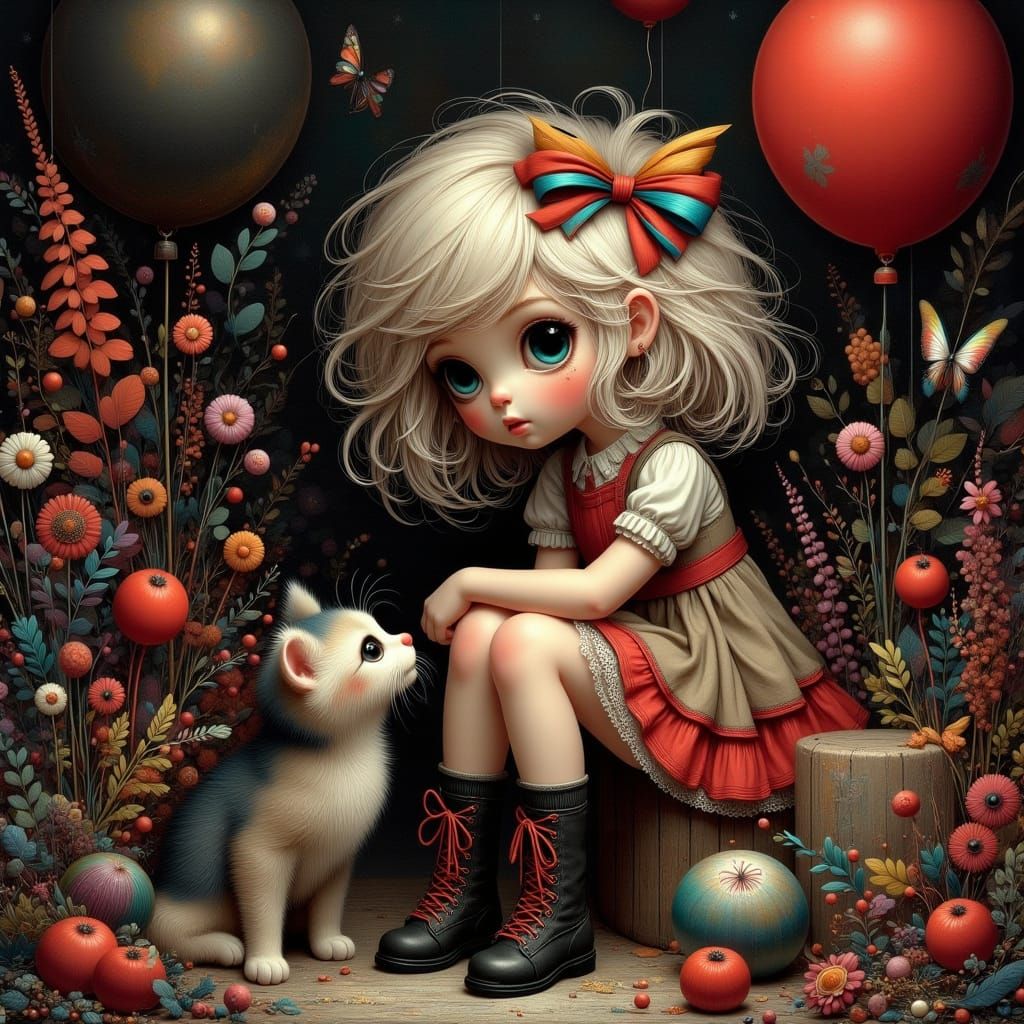 my prompt: 4k, HDR, glossy oil painted image of a whimsical little girl in Blythe style, cat and balloons.